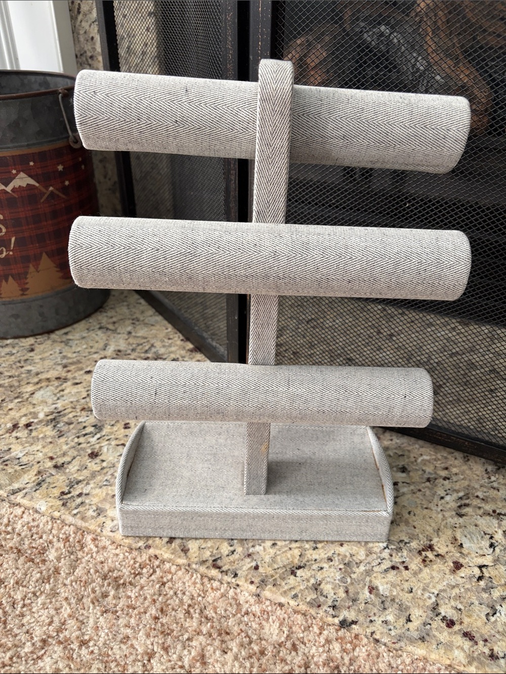 Neutral Linen Triple-Bar Jewelry Display Stand